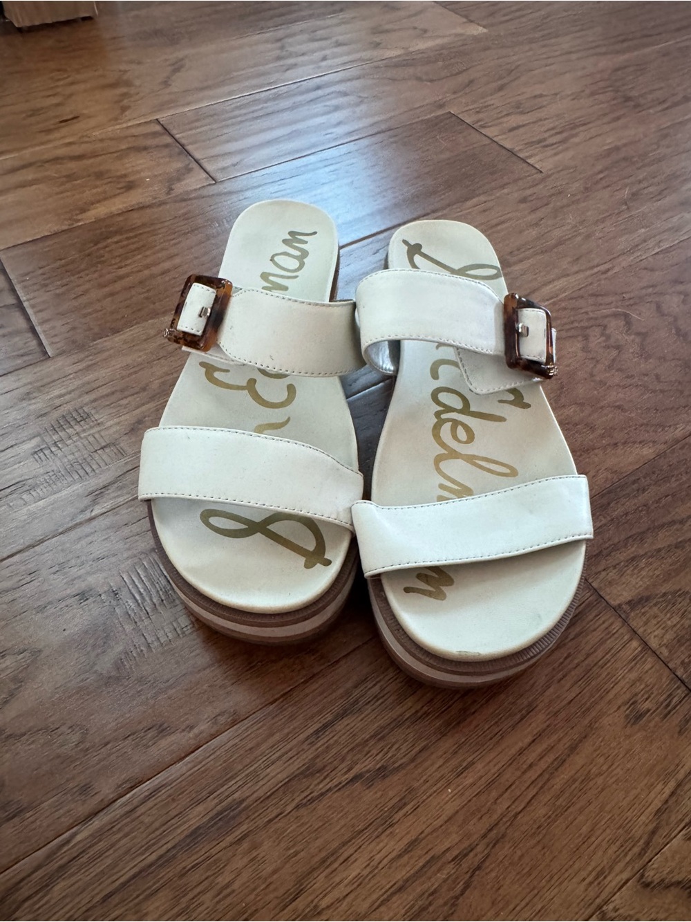 Sam Edelman Cream Slide Sandals with Tortoiseshell Buckles